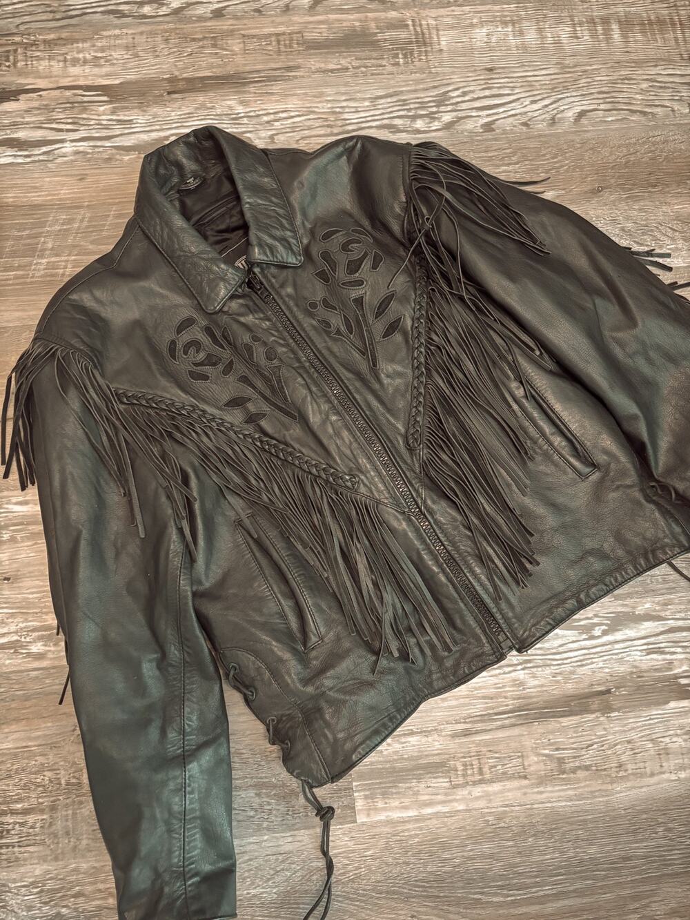 vintage unik leather fringe black rose biker jacket